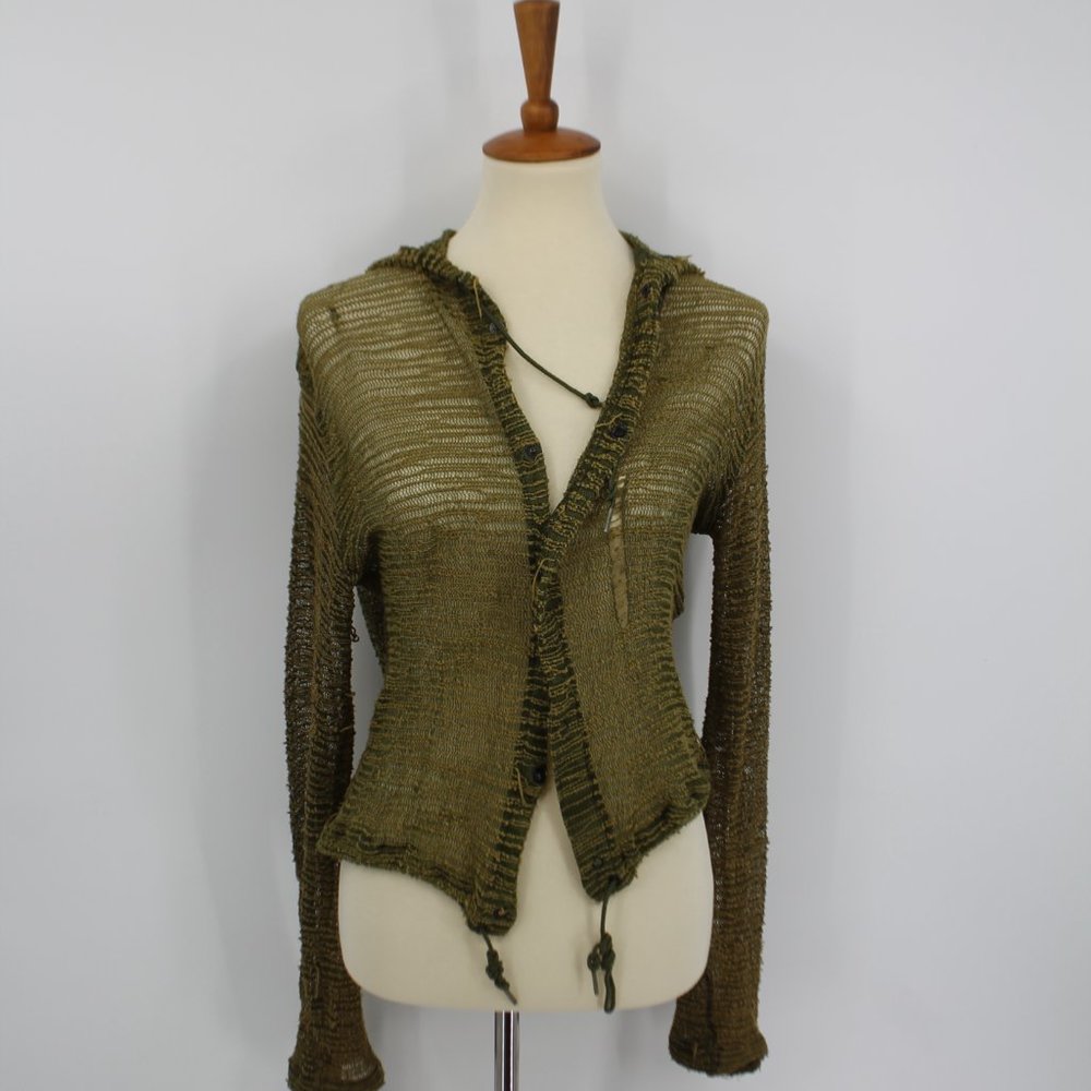 Vintage Army Green Knit Street Wear Snap Hoodie Jacket S - Picture 3 of 8